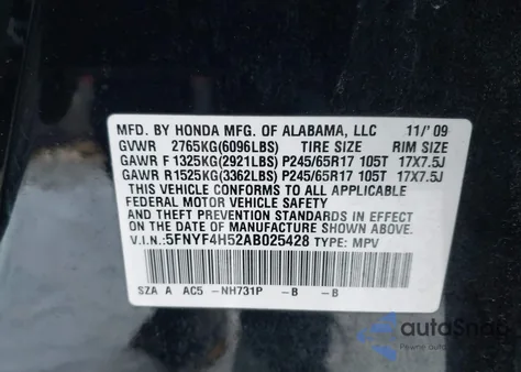 2010 Honda Pilot Ex-L z USA, uszkodzony, nr VIN 5FNYF4H52AB025428